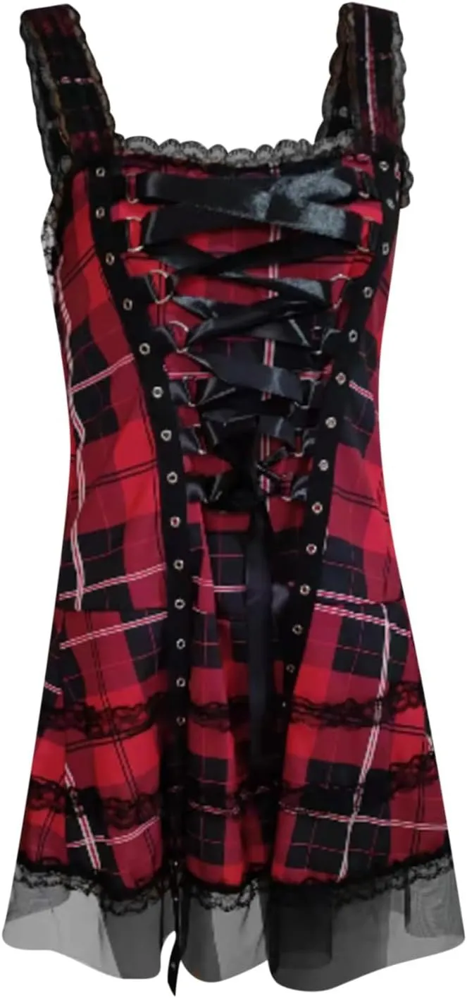 Steampunk Lace Up Plaid Skirt Medieval Renaissance Corset Mini Dress for Women Sleeveless Cami Gothic Lace Trim Costumes