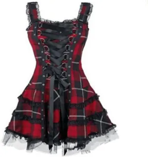 Steampunk Lace Up Plaid Skirt Medieval Renaissance Corset Mini Dress for Women Sleeveless Cami Gothic Lace Trim Costumes