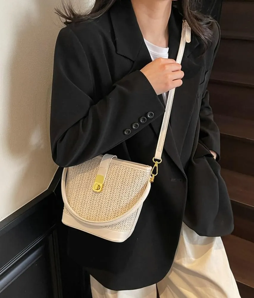 Straw Crossbody Bags for Women Top Handle Bag Beach Purse Straw Purse Fashion Vacation Handbags Bucket Bag Satchel