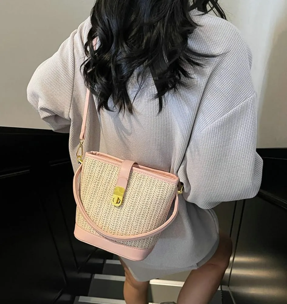 Straw Crossbody Bags for Women Top Handle Bag Beach Purse Straw Purse Fashion Vacation Handbags Bucket Bag Satchel