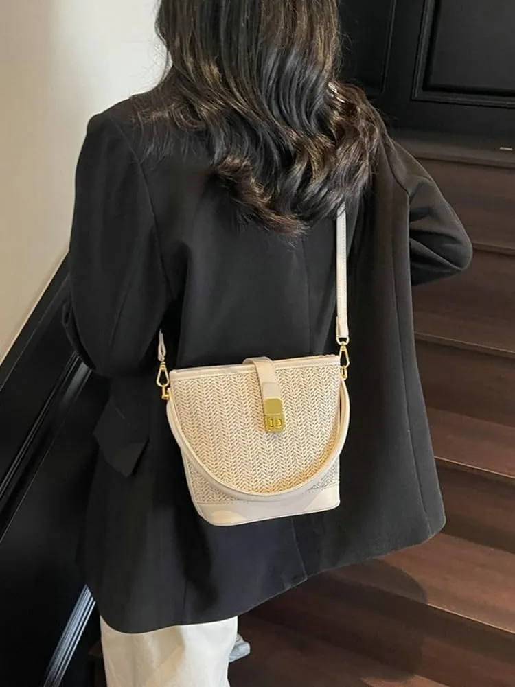 Straw Crossbody Bags for Women Top Handle Bag Beach Purse Straw Purse Fashion Vacation Handbags Bucket Bag Satchel