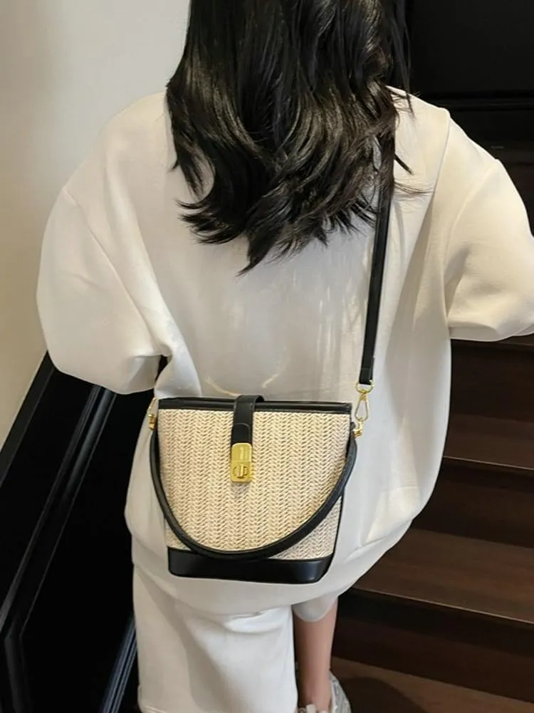 Straw Crossbody Bags for Women Top Handle Bag Beach Purse Straw Purse Fashion Vacation Handbags Bucket Bag Satchel
