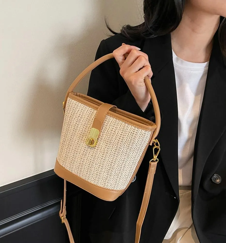 Straw Crossbody Bags for Women Top Handle Bag Beach Purse Straw Purse Fashion Vacation Handbags Bucket Bag Satchel