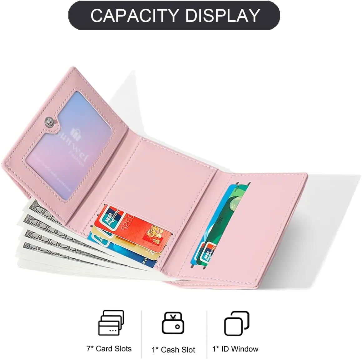 Sunwel Fashion Women Mini Textured Wallet Compact Folding Wallet with Card Slots & ID Window (PINK)