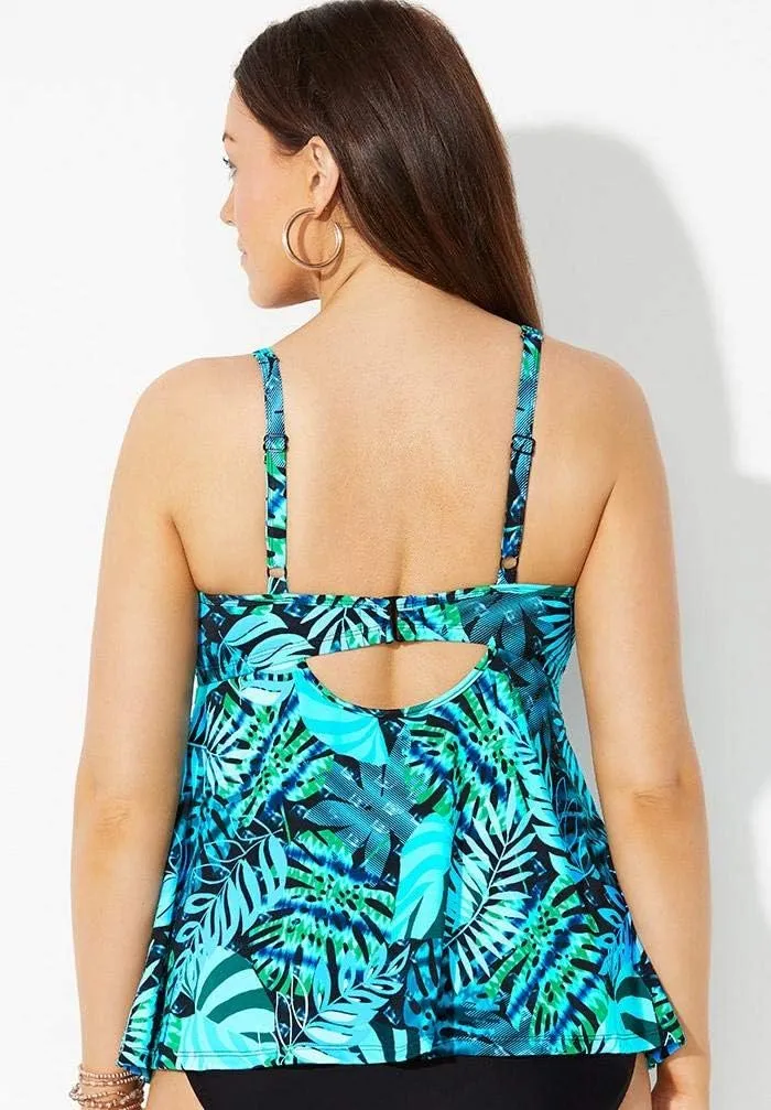 Swimsuits For All Women's Plus Size V Neck Crochet Relaxed Fit Bra Sized Crochet Underwire Tankini Top with Adjustable Straps