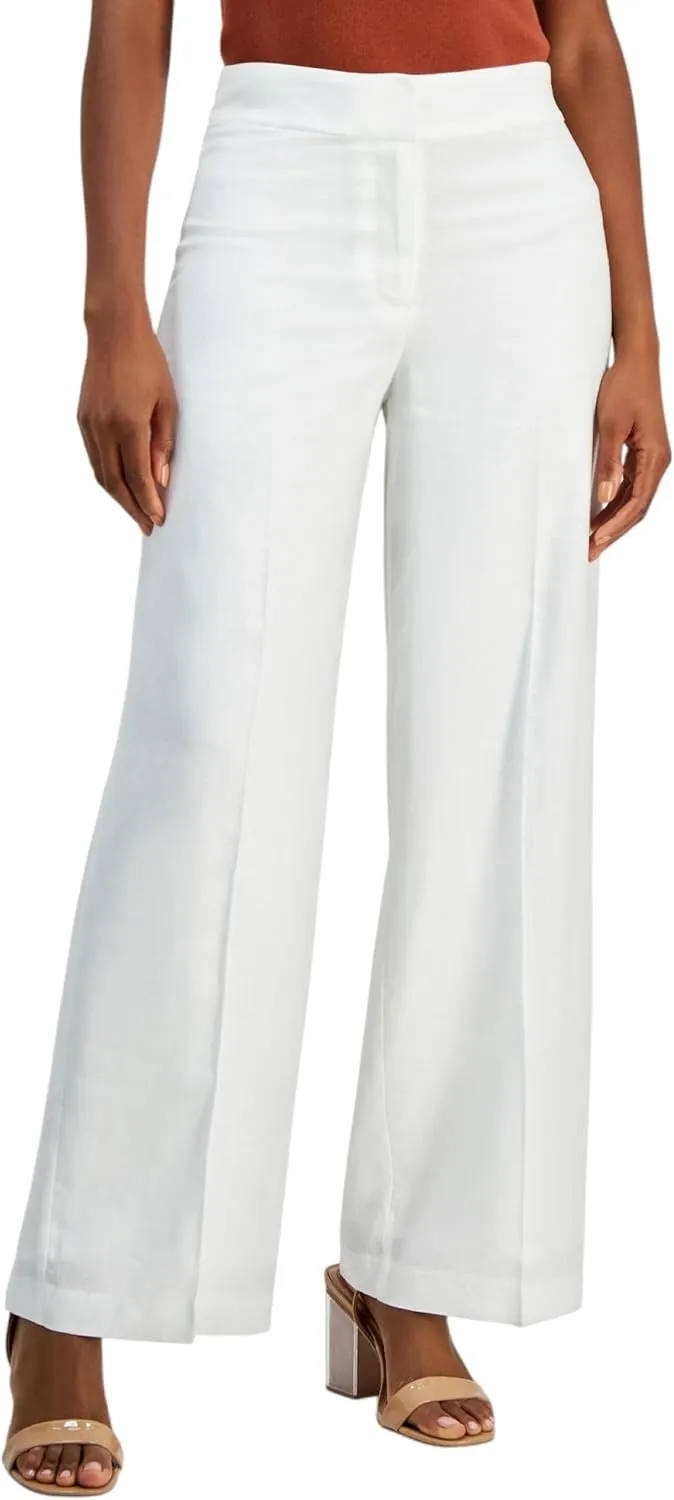 Tahari ASL Women's Solid Wide-Leg Mid-Rise Linen Pants (Ivory, 12)