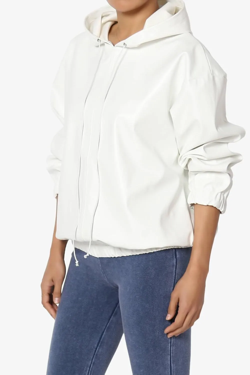 TheMogan Women's Faux Leather Oversized Hoodie Smooth Relaxed Fit Vegan Pleather Hooded Pullover