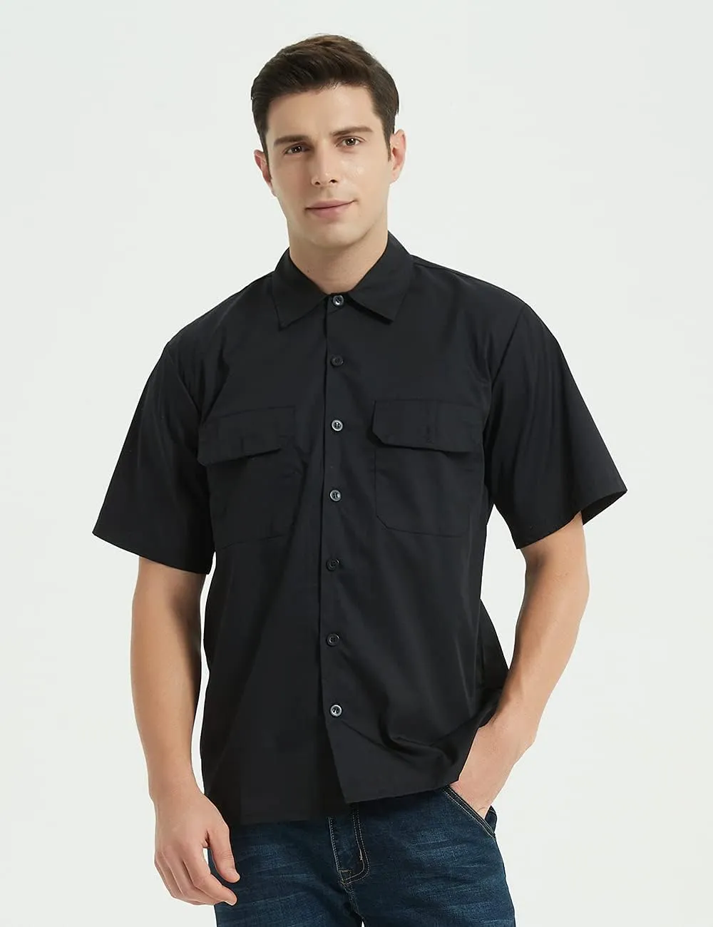 TopTie Short-Sleeve Work Shirt Straight Collar Utility Uniform Stain and Wrinkle Resistant
