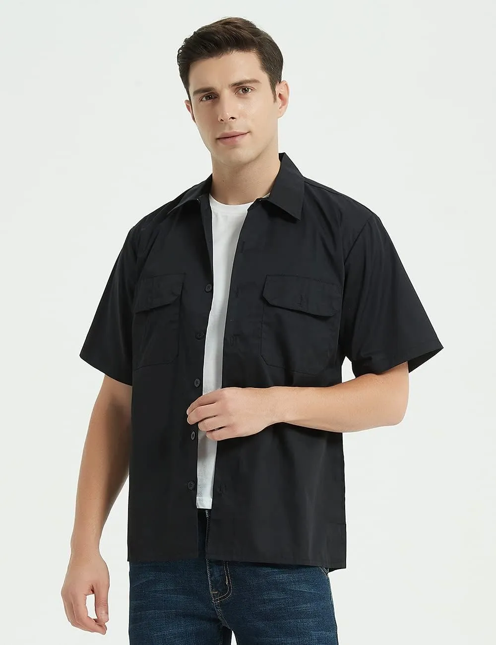 TopTie Short-Sleeve Work Shirt Straight Collar Utility Uniform Stain and Wrinkle Resistant