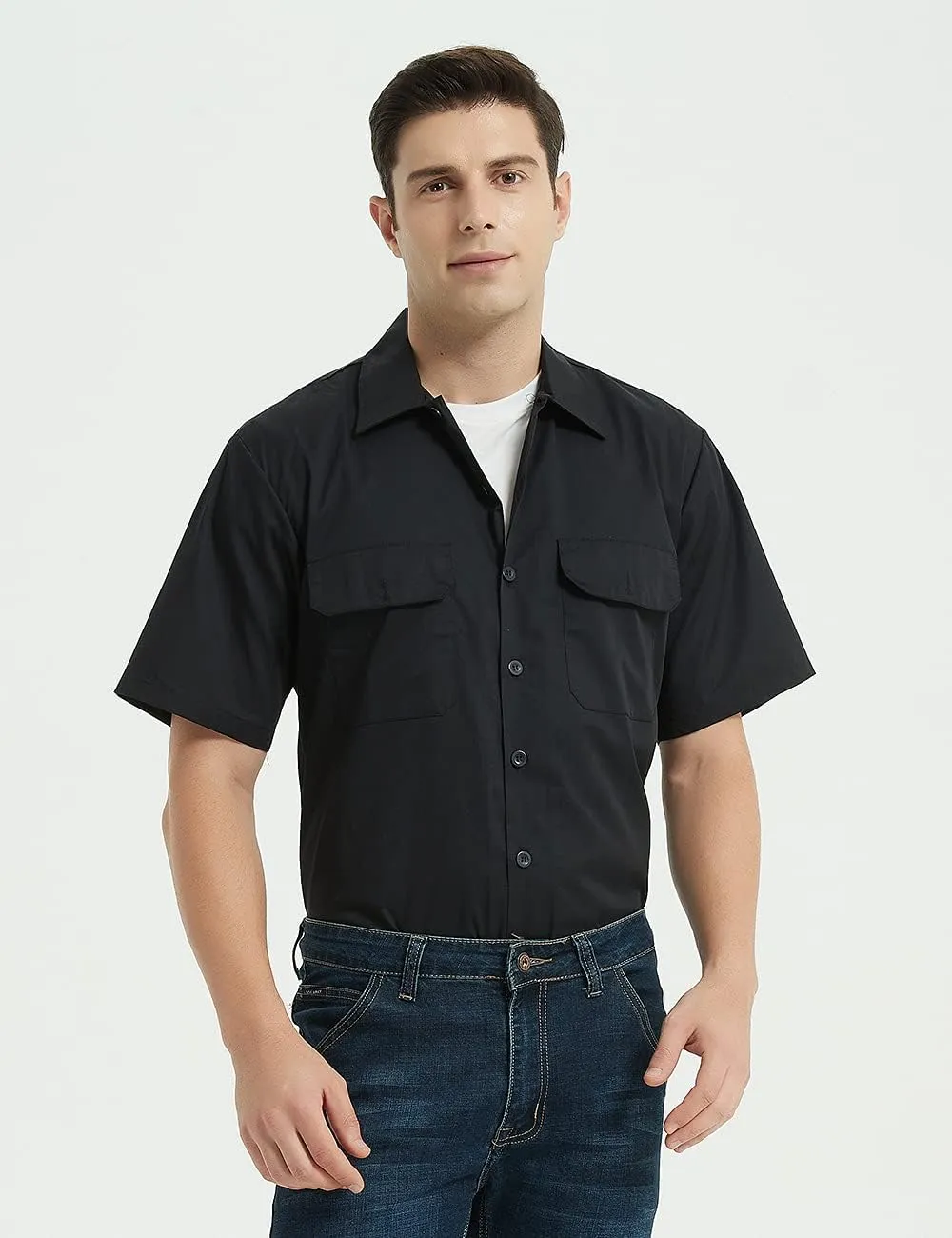 TopTie Short-Sleeve Work Shirt Straight Collar Utility Uniform Stain and Wrinkle Resistant