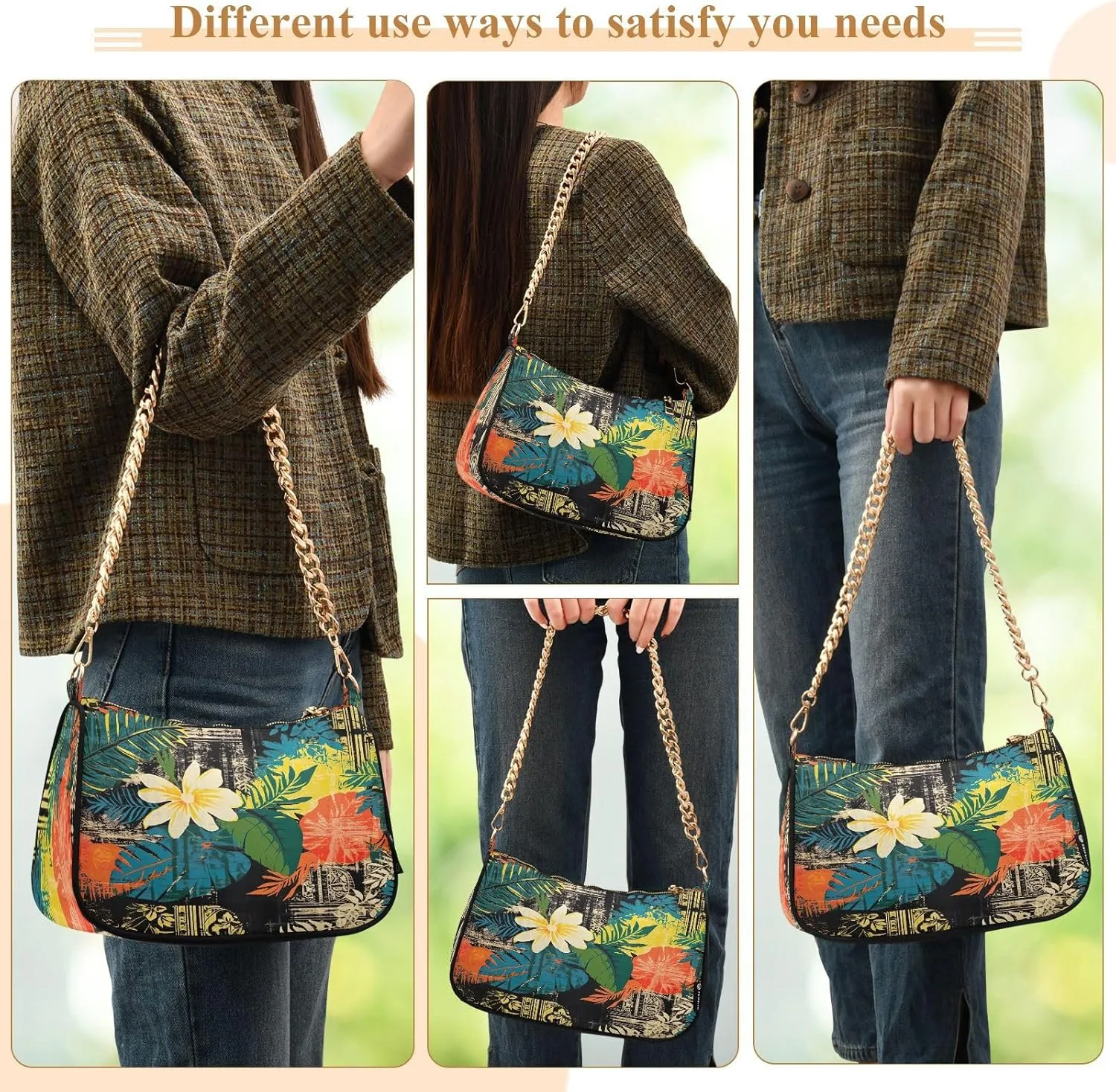 Traditional Hawaiian Style Floral Shoulder Bag with Zipper, Trendy Shoulder Purse