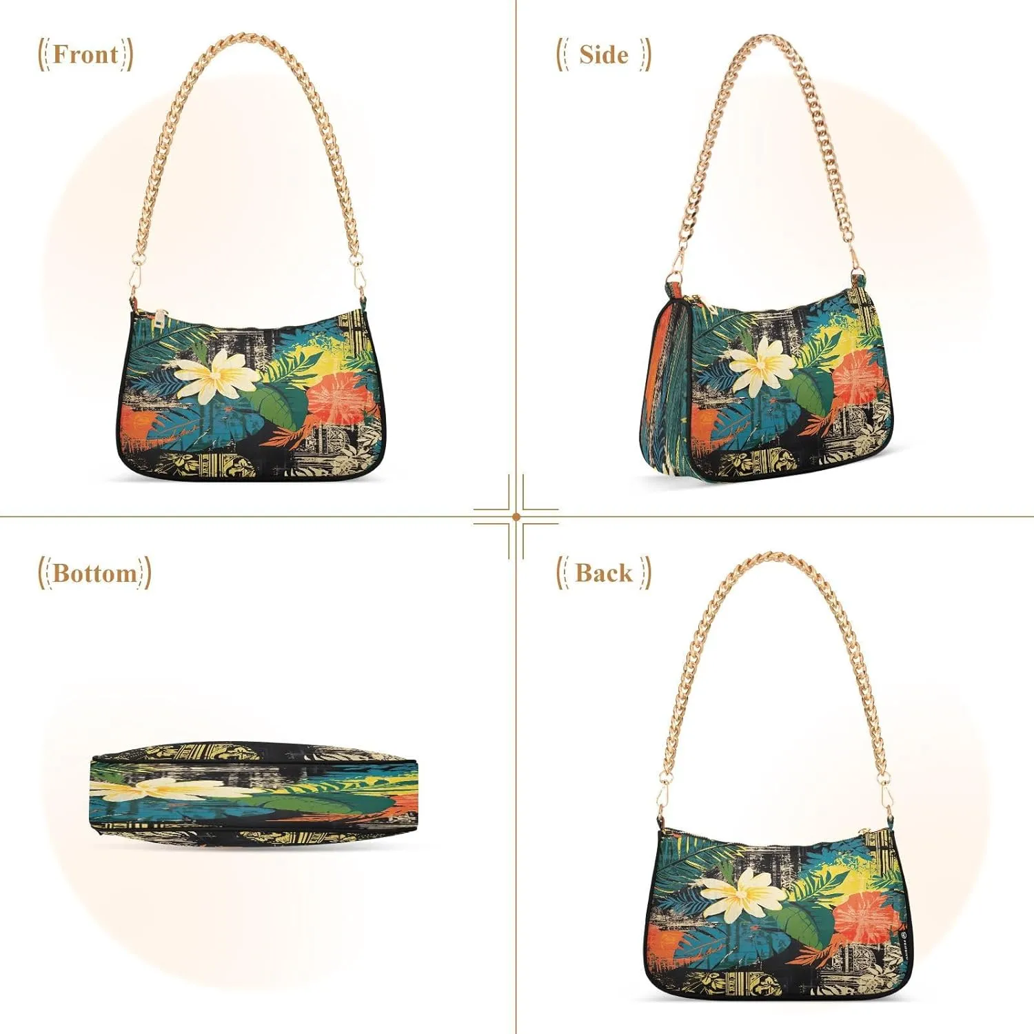 Traditional Hawaiian Style Floral Shoulder Bag with Zipper, Trendy Shoulder Purse