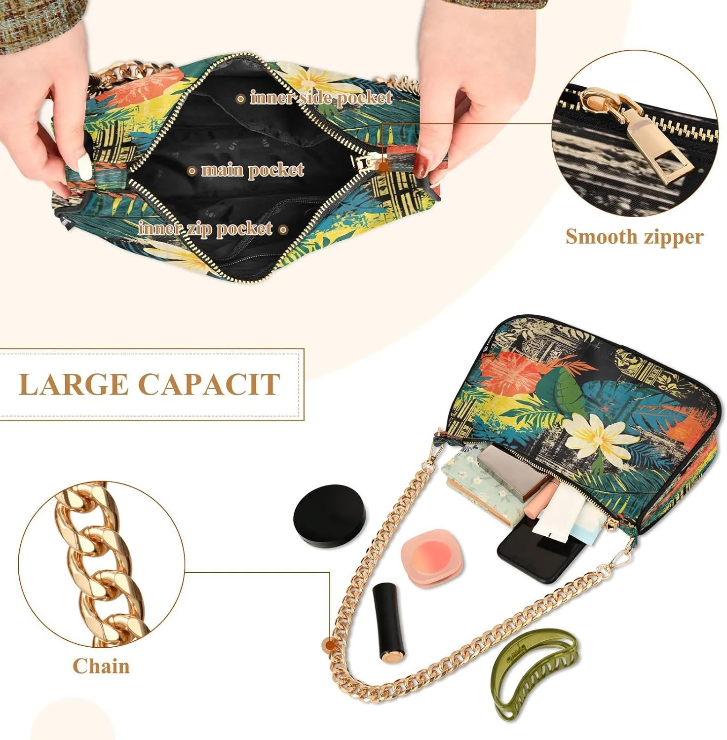 Traditional Hawaiian Style Floral Shoulder Bag with Zipper, Trendy Shoulder Purse