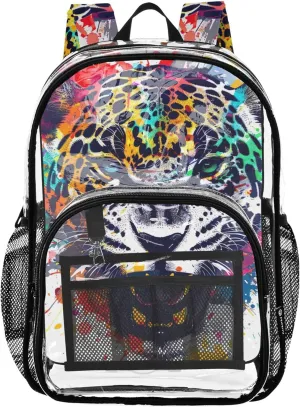 Travel Clear Bags for Women Kids Backpack Boys Girls Plastic Transparent Bookbag Angry Jaguar Head Leopard