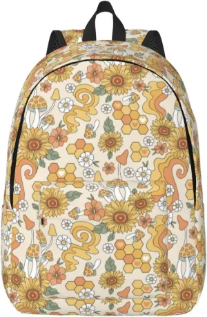 Travel Laptop Backpack - Retro 70s 60s Flower Canvas Computer Backpack Bag Fit Laptop with Padded Straps