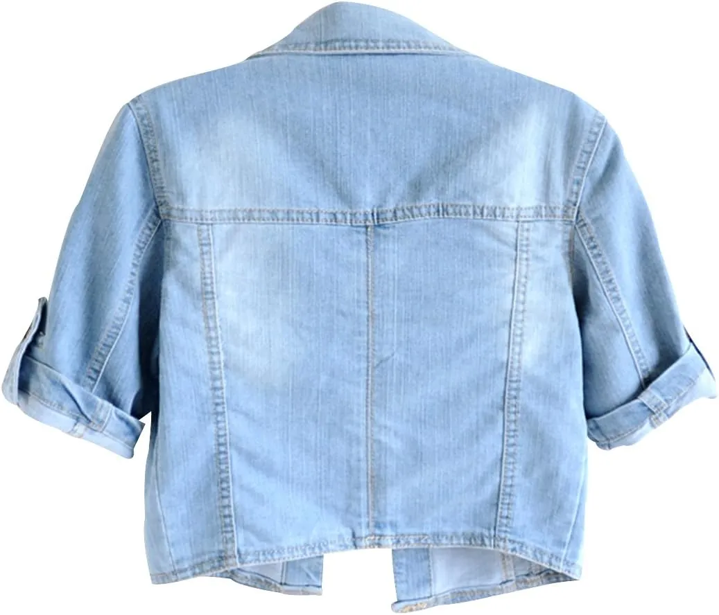 TRENDY XU Women Summer Short Sleeve Blue Denim Jacket Short Cropped Sunscreen Shawl
