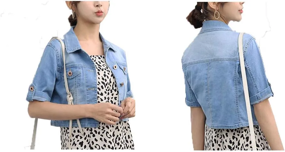 TRENDY XU Women Summer Short Sleeve Blue Denim Jacket Short Cropped Sunscreen Shawl