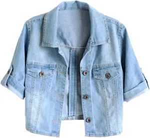 TRENDY XU Women Summer Short Sleeve Blue Denim Jacket Short Cropped Sunscreen Shawl