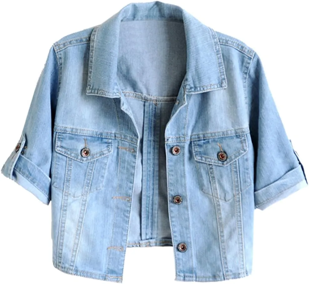 TRENDY XU Women Summer Short Sleeve Blue Denim Jacket Short Cropped Sunscreen Shawl