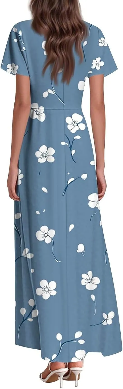 Tunic Stylish Summer Dress Ladies Birthday Short Sleeve Print Relaxed Fit for Women V Neck Comfort Dresses