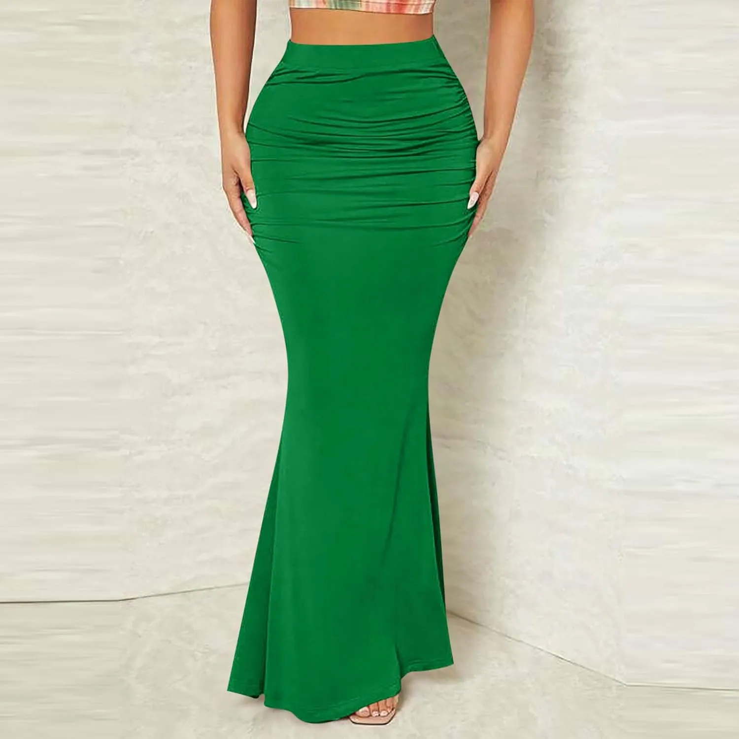 TUNUSKAT Womens Elegant Maxi Mermaid Skirts Summer Sexy Ruched High Waisted Long Skirt Stretch Casual Beach Vacation Outfits