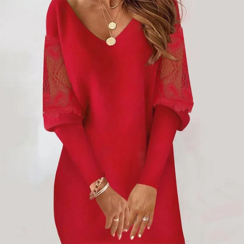 V-Neck Patchwork Sleeve Mini Dress for Women