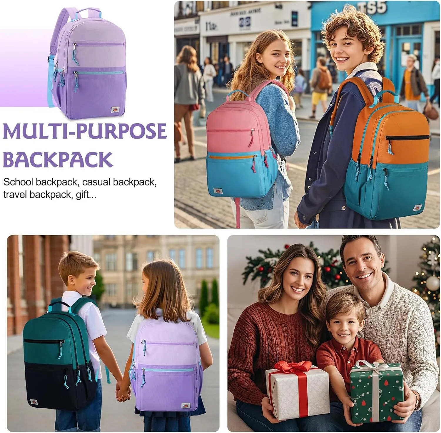 VASCHY School Backpack, Lightweight Classic Cute Aesthetic Bookbag Daypack for Teen Boys Girls Traveling/Gym/Middle School Lightweight Purple