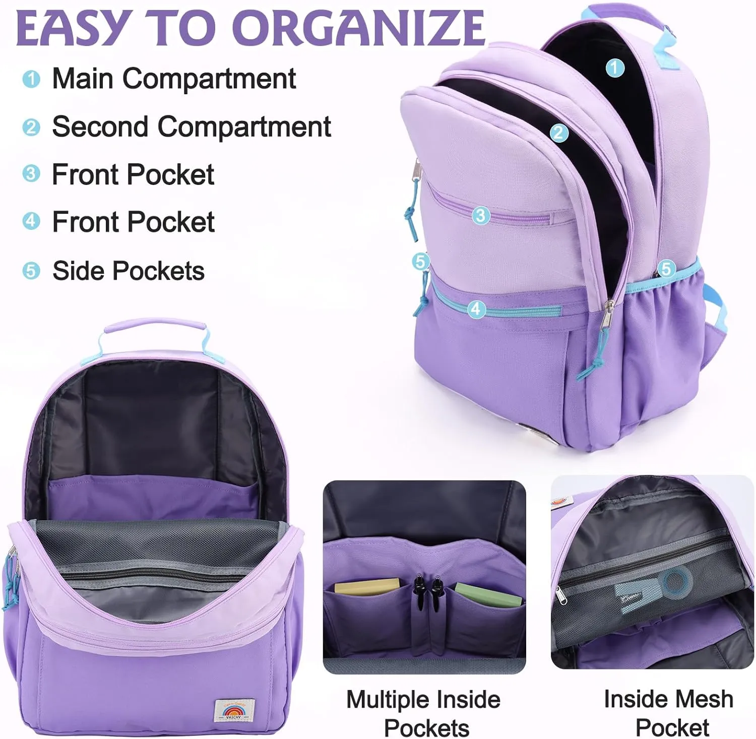 VASCHY School Backpack, Lightweight Classic Cute Aesthetic Bookbag Daypack for Teen Boys Girls Traveling/Gym/Middle School Lightweight Purple