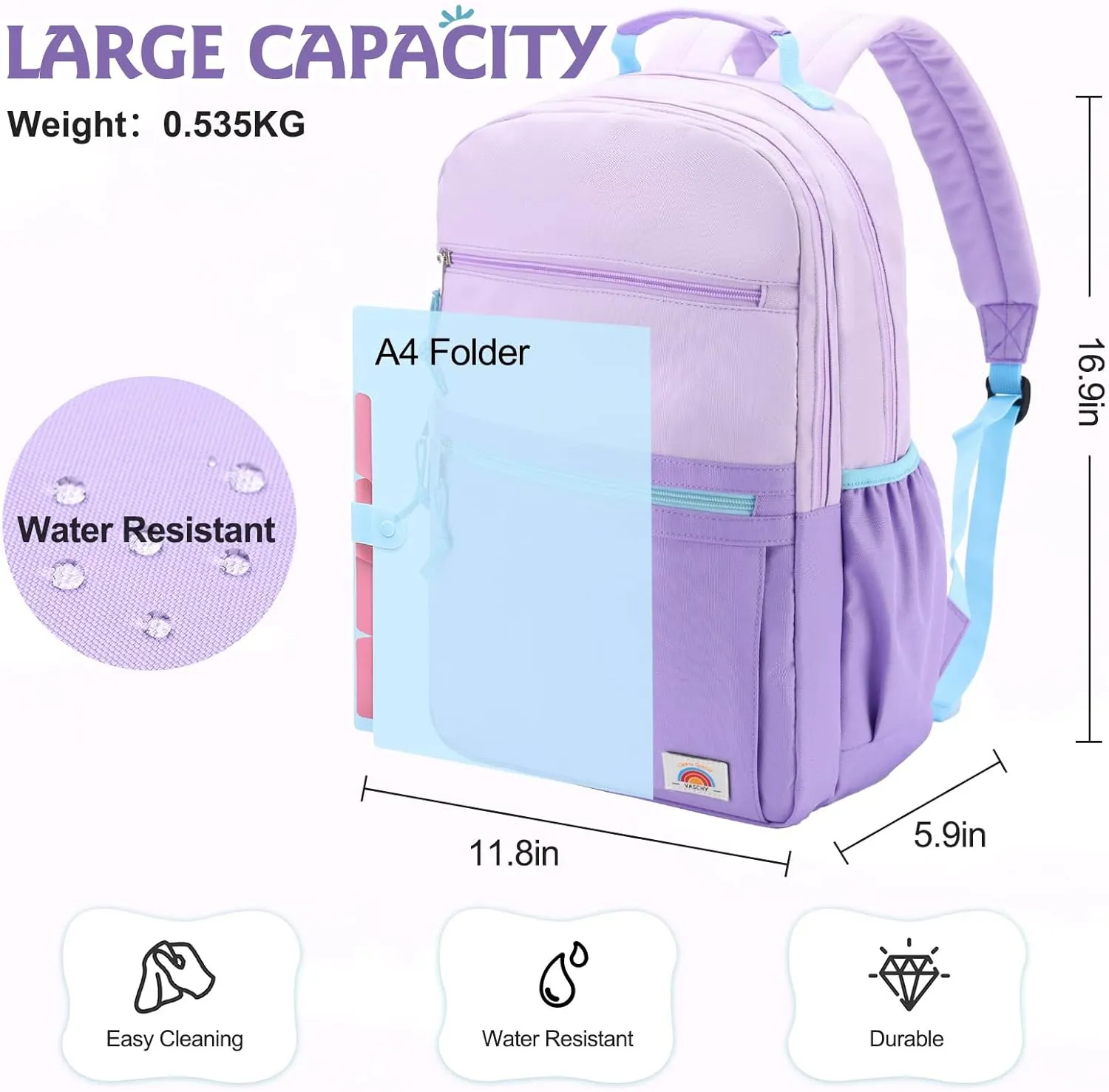 VASCHY School Backpack, Lightweight Classic Cute Aesthetic Bookbag Daypack for Teen Boys Girls Traveling/Gym/Middle School Lightweight Purple