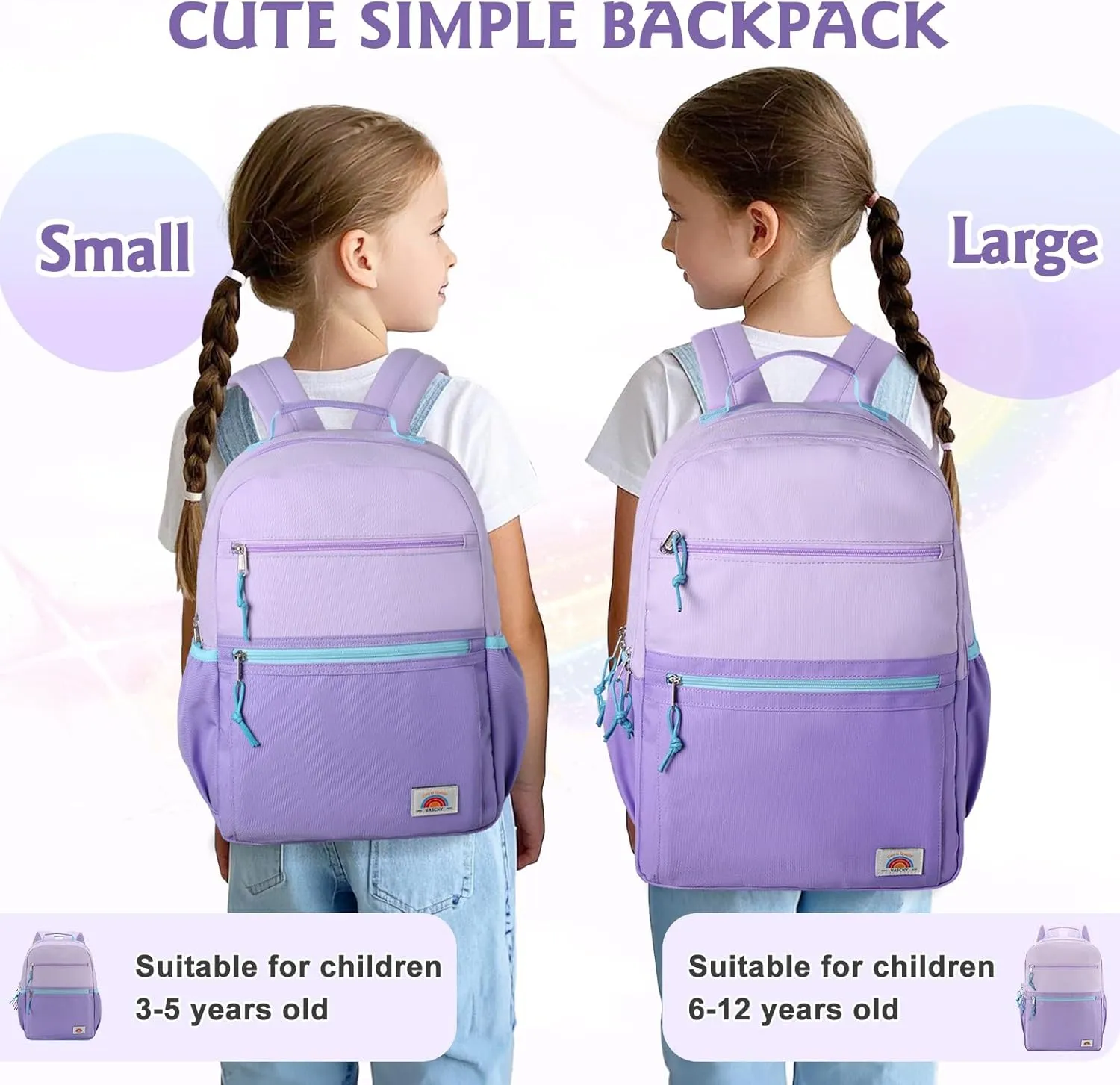 VASCHY School Backpack, Lightweight Classic Cute Aesthetic Bookbag Daypack for Teen Boys Girls Traveling/Gym/Middle School Lightweight Purple