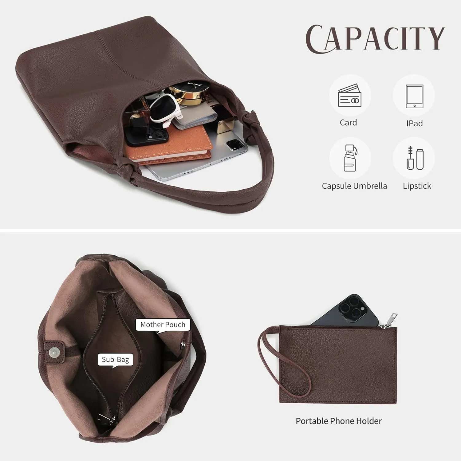 Vegan Leather Hobo Purses set, Slouchy Shoulder Bag Knotted Hobo Bags for Women with a small Purse and Clutch Handbag
