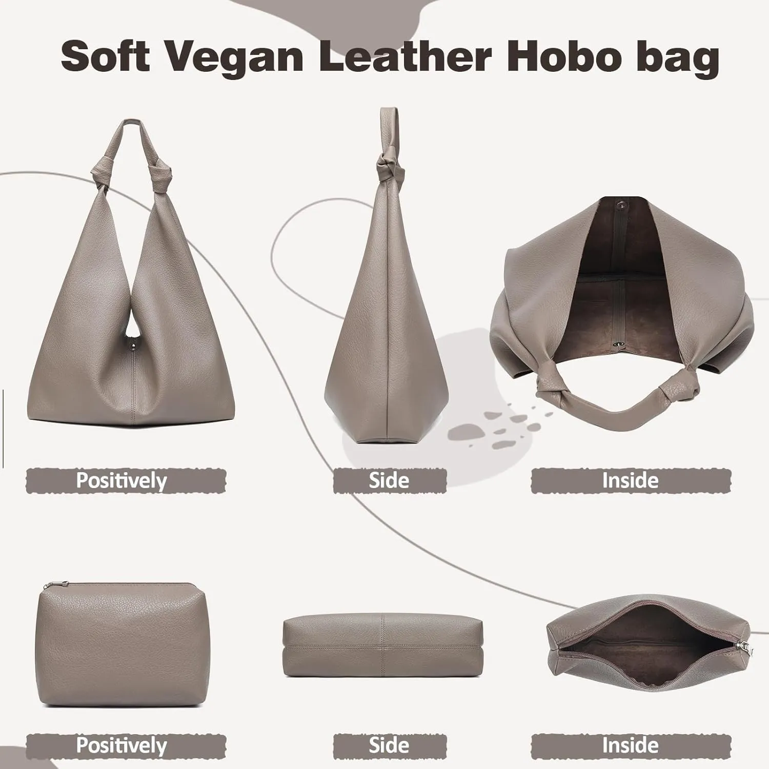 Vegan Leather Hobo Purses set, Slouchy Shoulder Bag Knotted Hobo Bags for Women with a small purse