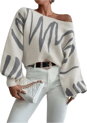 Verdusa Women's Off The Shoulder Sweater Oversized Long Lantern Sleeve Pullovers Trendy Knit Tops
