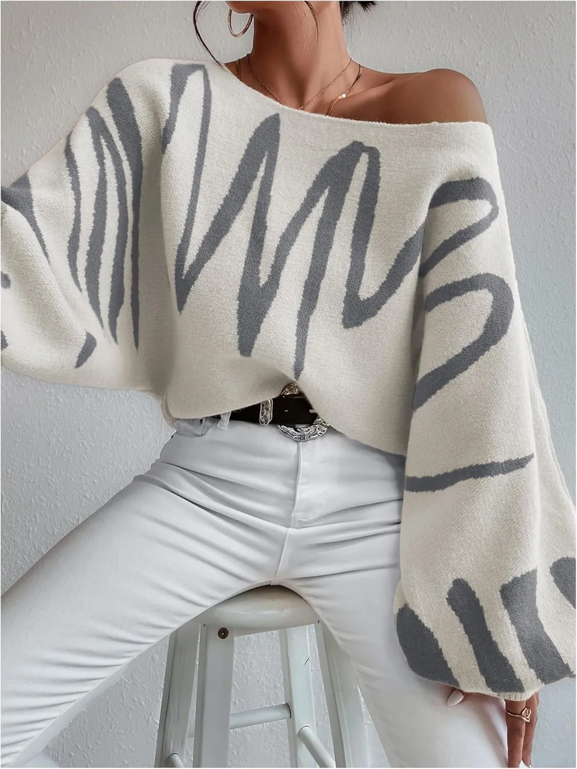 Verdusa Women's Off The Shoulder Sweater Oversized Long Lantern Sleeve Pullovers Trendy Knit Tops