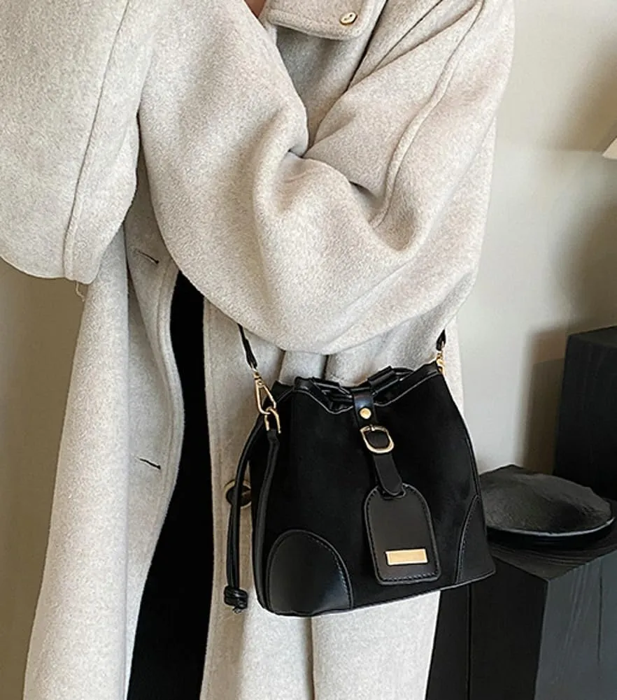 Vintage Suede Bucket Bag Women Mini Leather Crossbody Bag Fall Winter Hobo Handbag Causal Shoulder Bag with Removable Strap