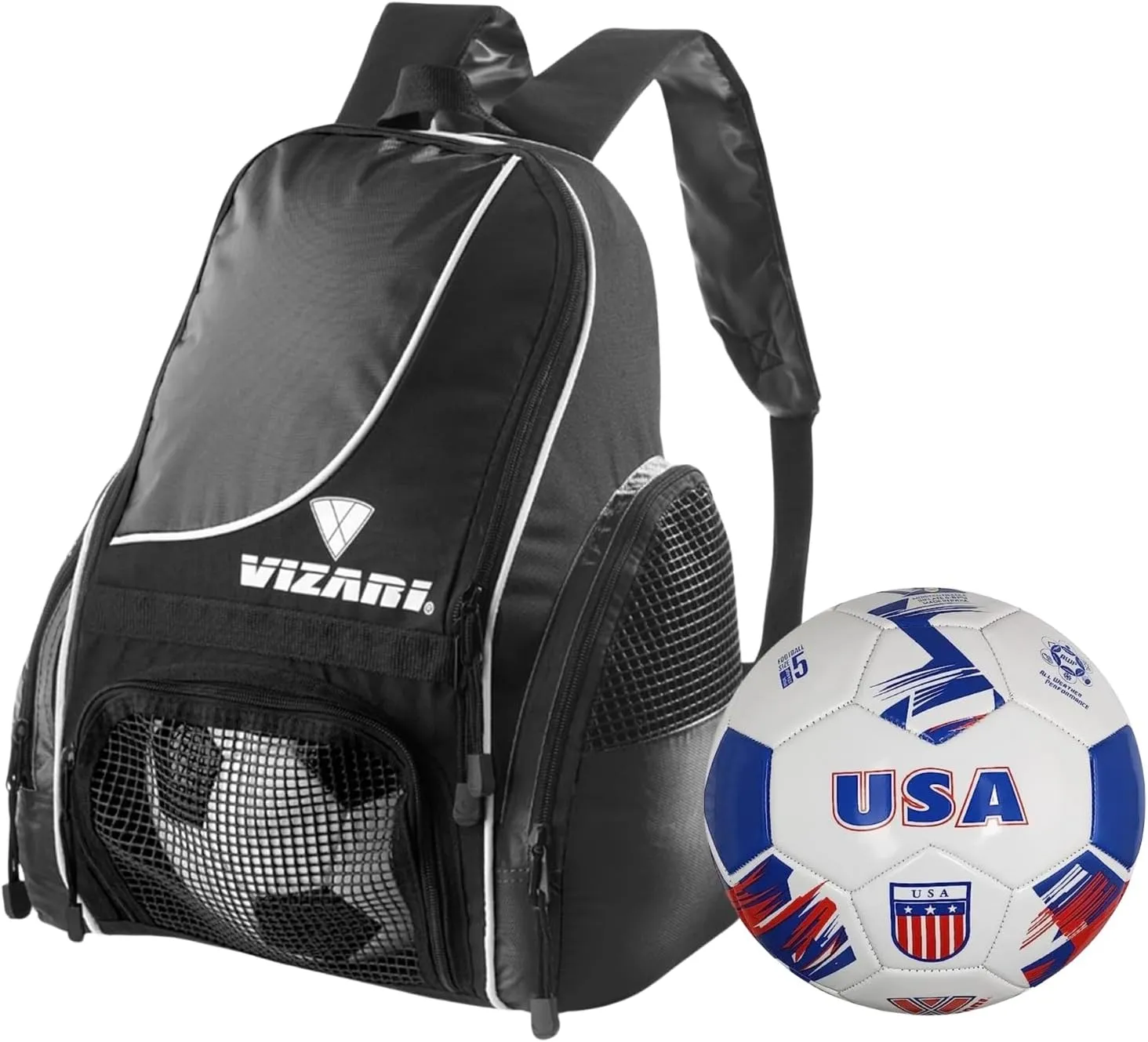 Vizari Solano Multi-Sport Backpack (Black) with National Team Soccer Ball Combo | Versatile Sports Backpack with Durable Faux Leather & Rubber Country Ball (U.S.A, Size 5)