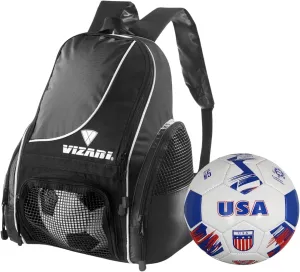 Vizari Solano Multi-Sport Backpack (Black) with National Team Soccer Ball Combo | Versatile Sports Backpack with Durable Faux Leather & Rubber Country Ball (U.S.A, Size 5)
