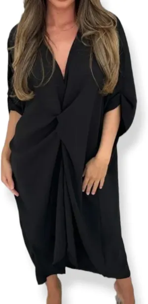WearAll Women Tie Knot Twist V-Neck Oversized Long Summer Smock Midi Dress Ladies Plain Batwing Sleeve Baggy Plus Size 8-18