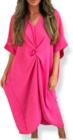 WearAll Women Tie Knot Twist V-Neck Oversized Long Summer Smock Midi Dress Ladies Plain Batwing Sleeve Baggy Plus Size 8-18