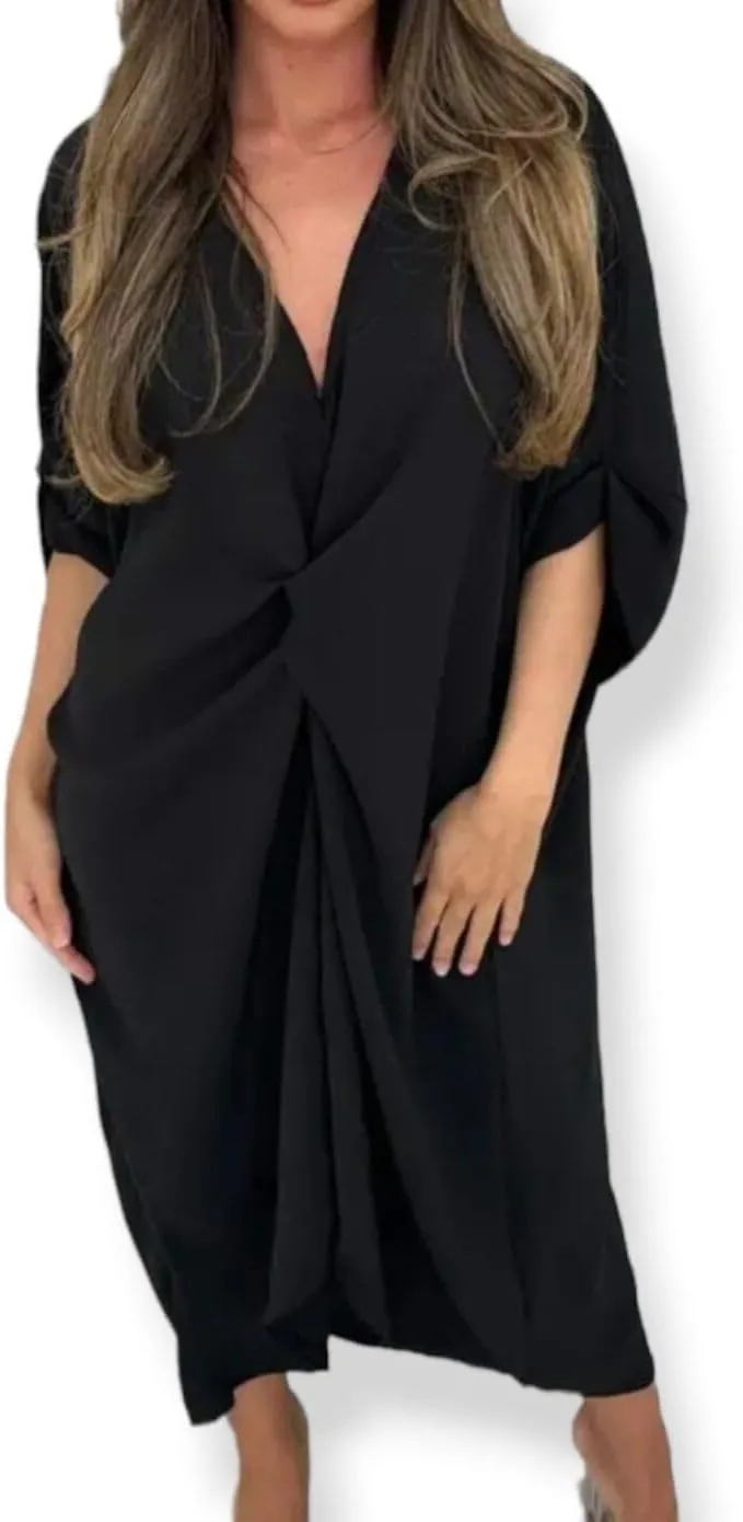 WearAll Women Tie Knot Twist V-Neck Oversized Long Summer Smock Midi Dress Ladies Plain Batwing Sleeve Baggy Plus Size 8-18