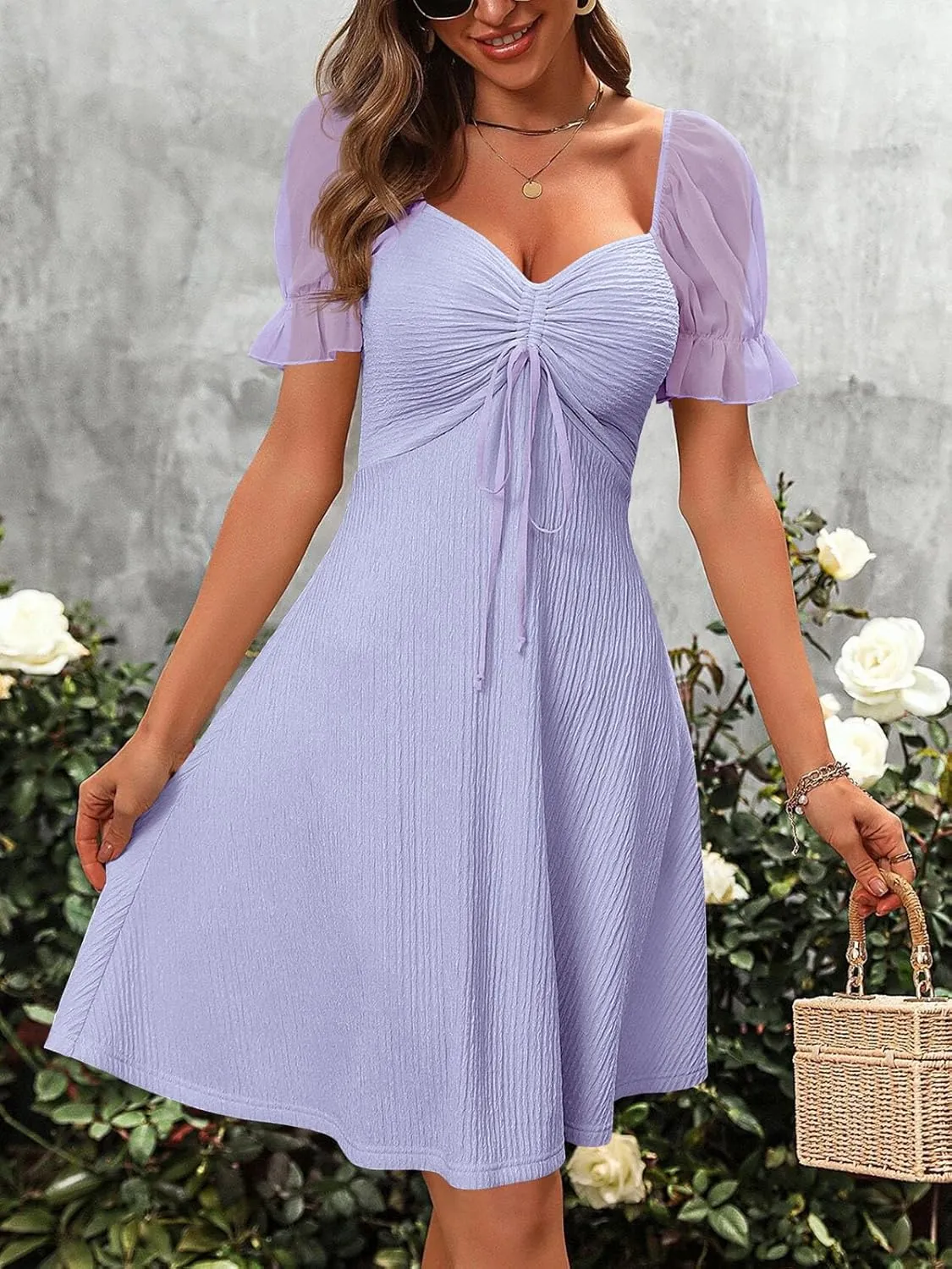 Wenrine Womens Summer Short Puff Sleeve Mini Dresses Drawstring Sweetheart Neck Casual Slim Flowy Dress Sundress