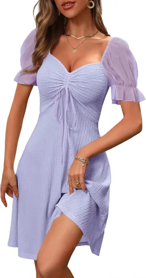 Wenrine Womens Summer Short Puff Sleeve Mini Dresses Drawstring Sweetheart Neck Casual Slim Flowy Dress Sundress