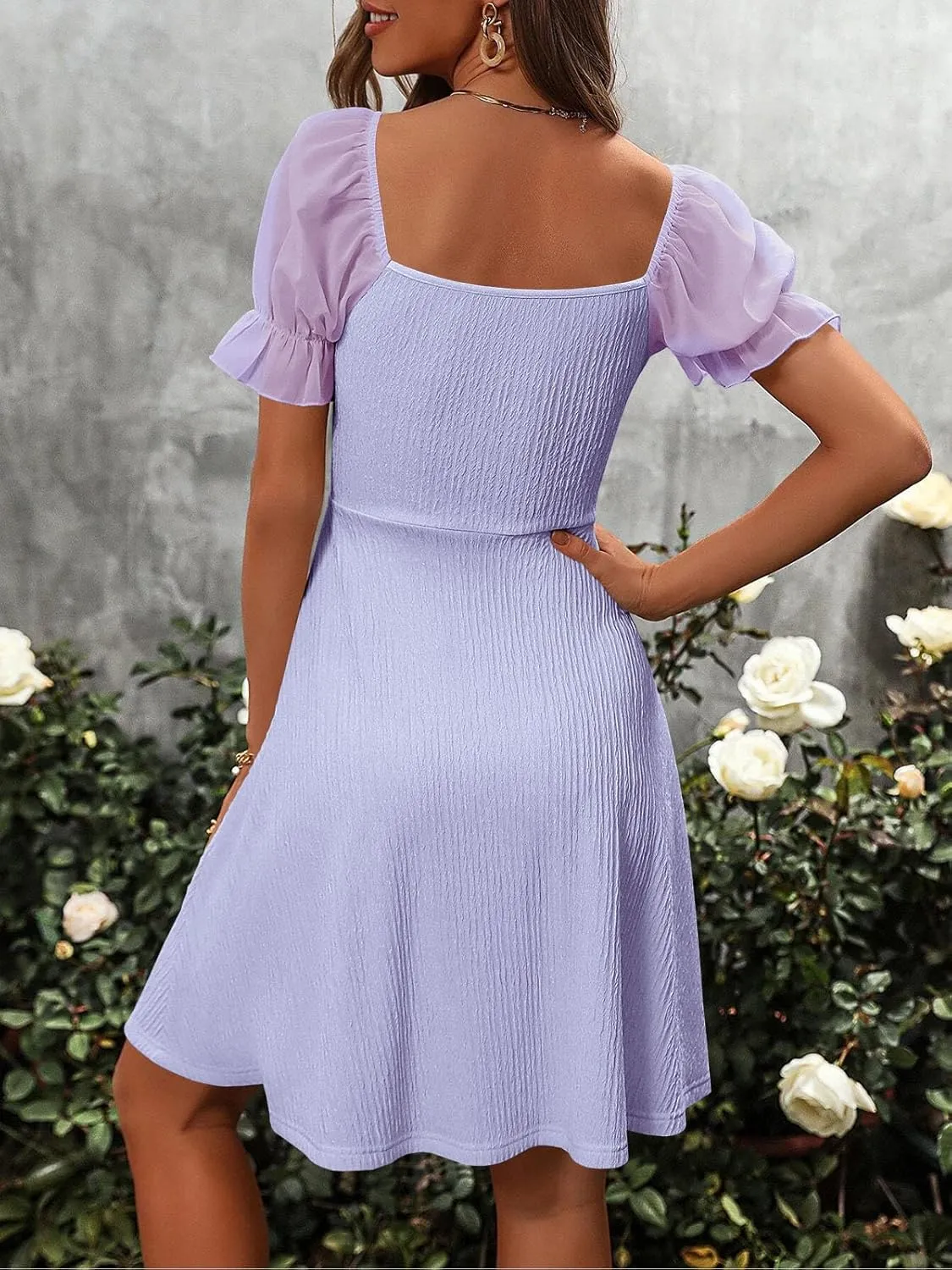 Wenrine Womens Summer Short Puff Sleeve Mini Dresses Drawstring Sweetheart Neck Casual Slim Flowy Dress Sundress