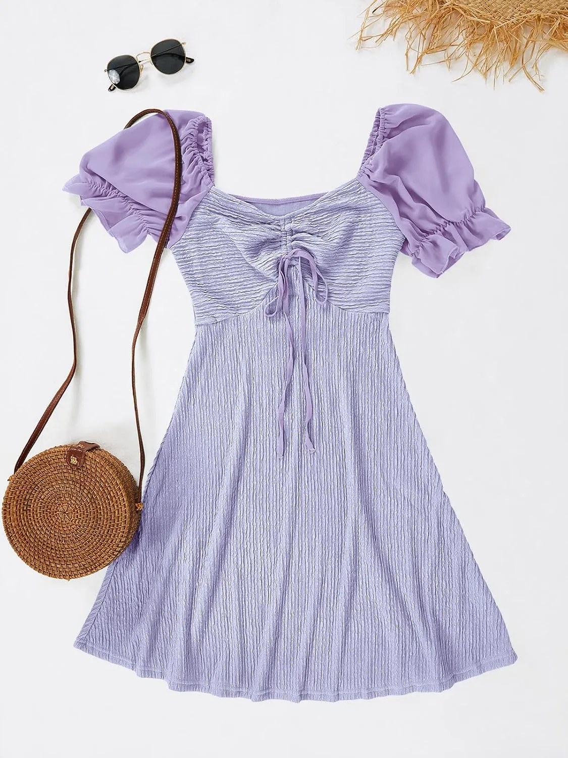 Wenrine Womens Summer Short Puff Sleeve Mini Dresses Drawstring Sweetheart Neck Casual Slim Flowy Dress Sundress