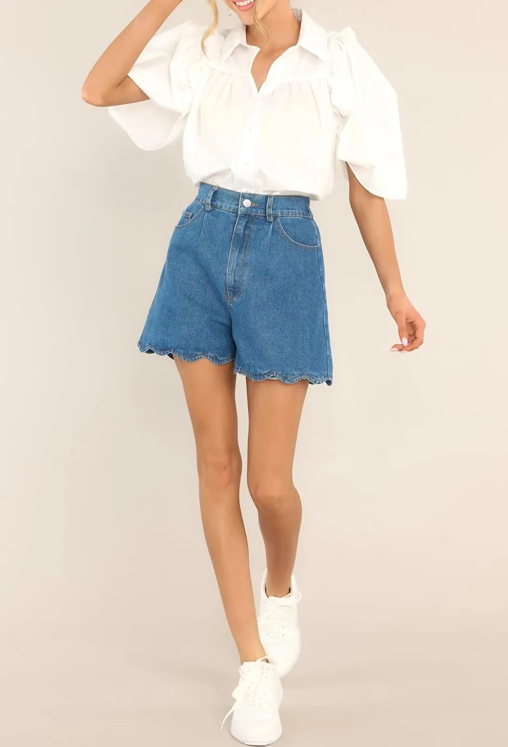 Women Casual High Waist Jean Shorts Wave Hem Trendy Flared Denim Short