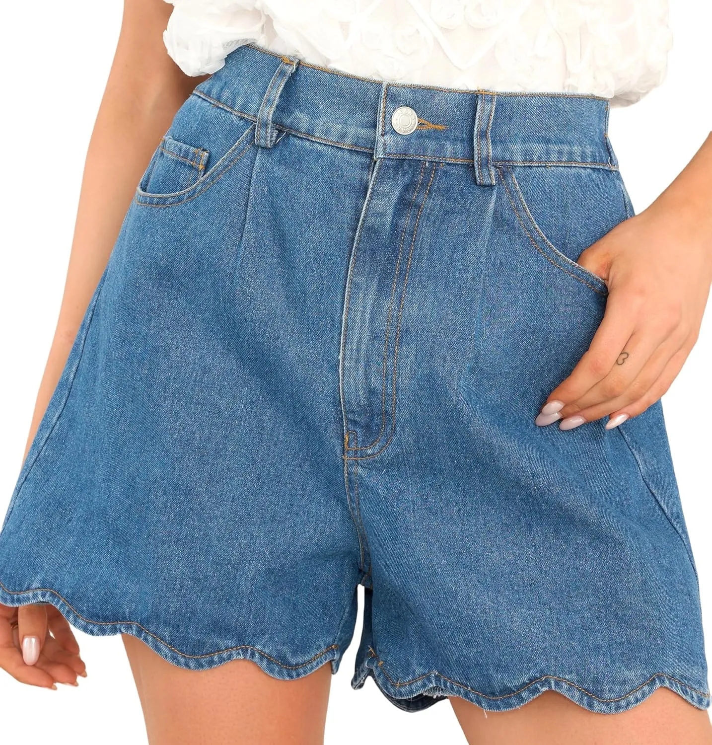 Women Casual High Waist Jean Shorts Wave Hem Trendy Flared Denim Short