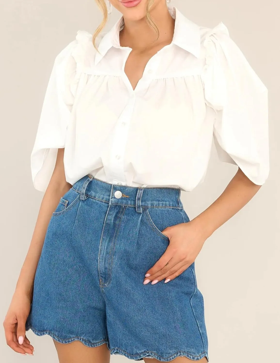 Women Casual High Waist Jean Shorts Wave Hem Trendy Flared Denim Short