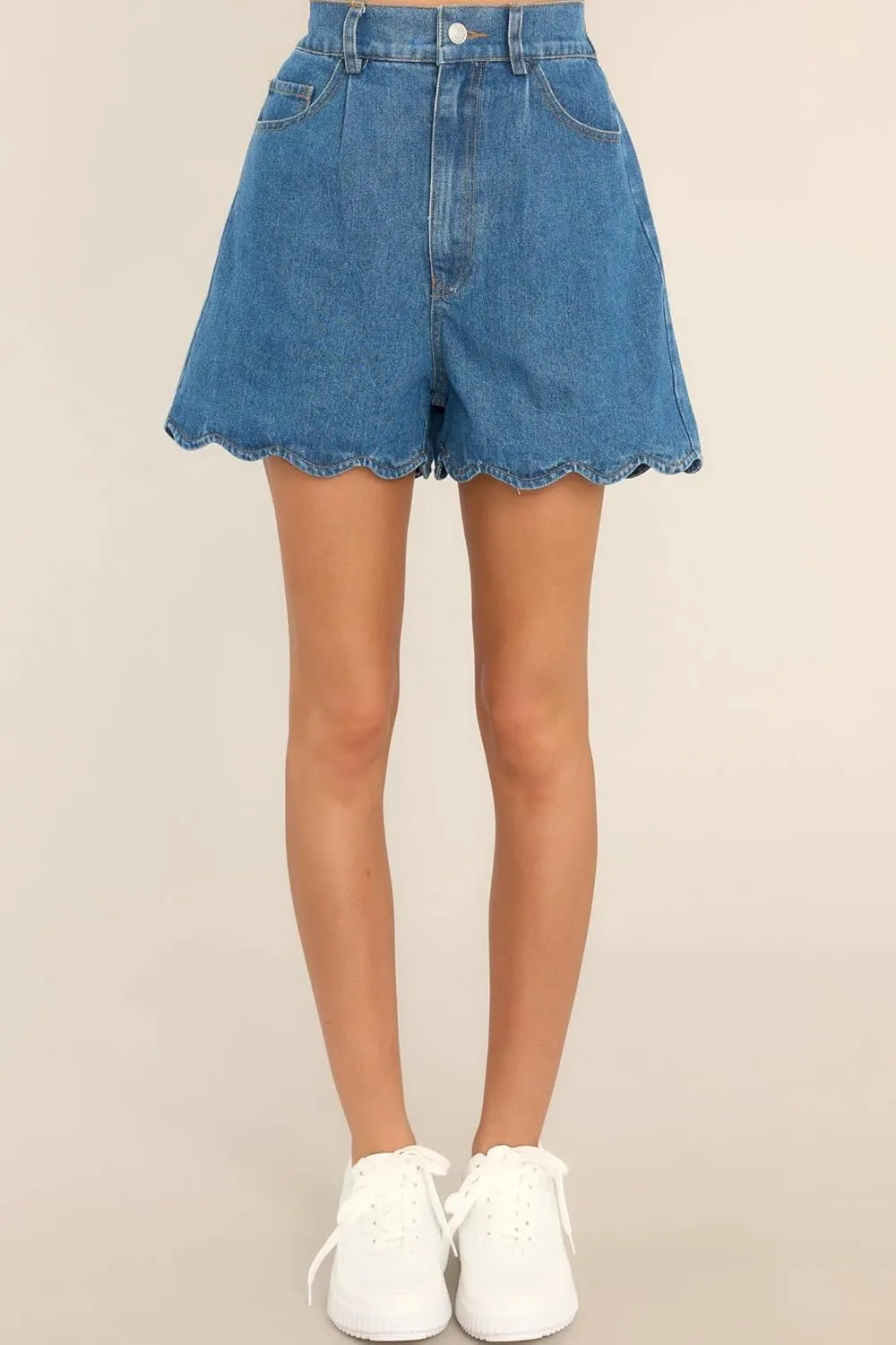 Women Casual High Waist Jean Shorts Wave Hem Trendy Flared Denim Short