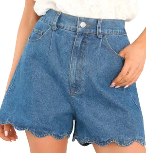 Women Casual High Waist Jean Shorts Wave Hem Trendy Flared Denim Short