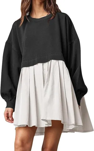 Women Crew Neck Sweatshirt Dress Oversized Long Sleeve Drop Shoulder Patchwork Pleated Baggy Sweatshirt Mini Dress
